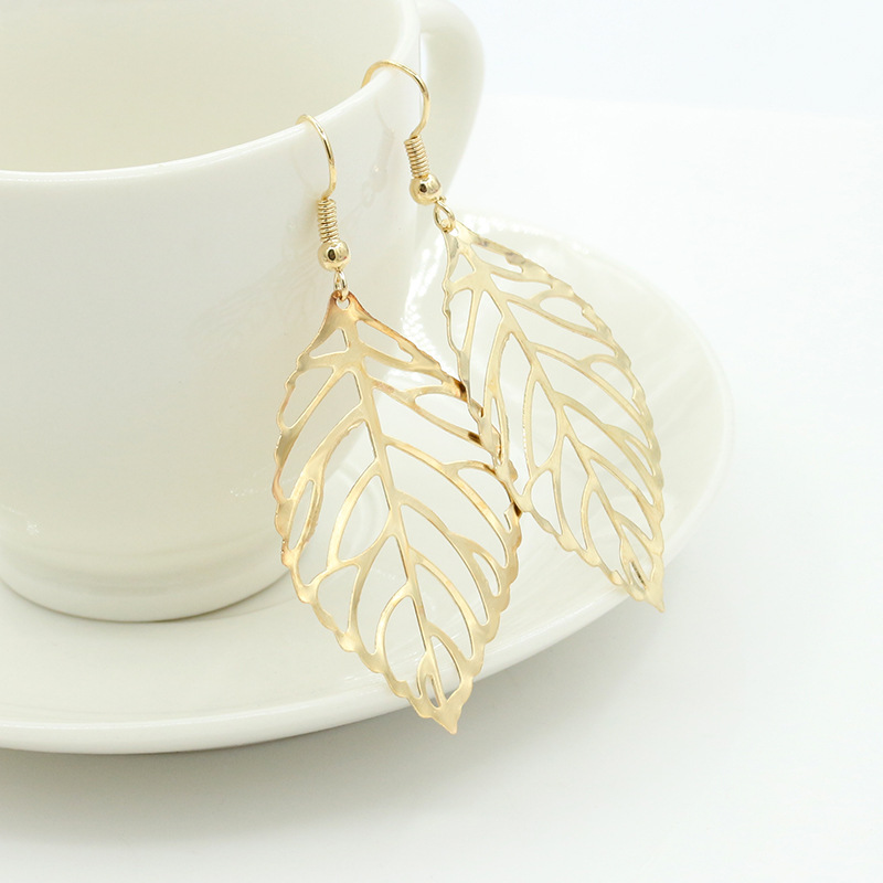 Trendy Ear Accessories with Brief Hollow Out Leaves Dangle Earrings, Vintage Silver Golden Color Jewelry