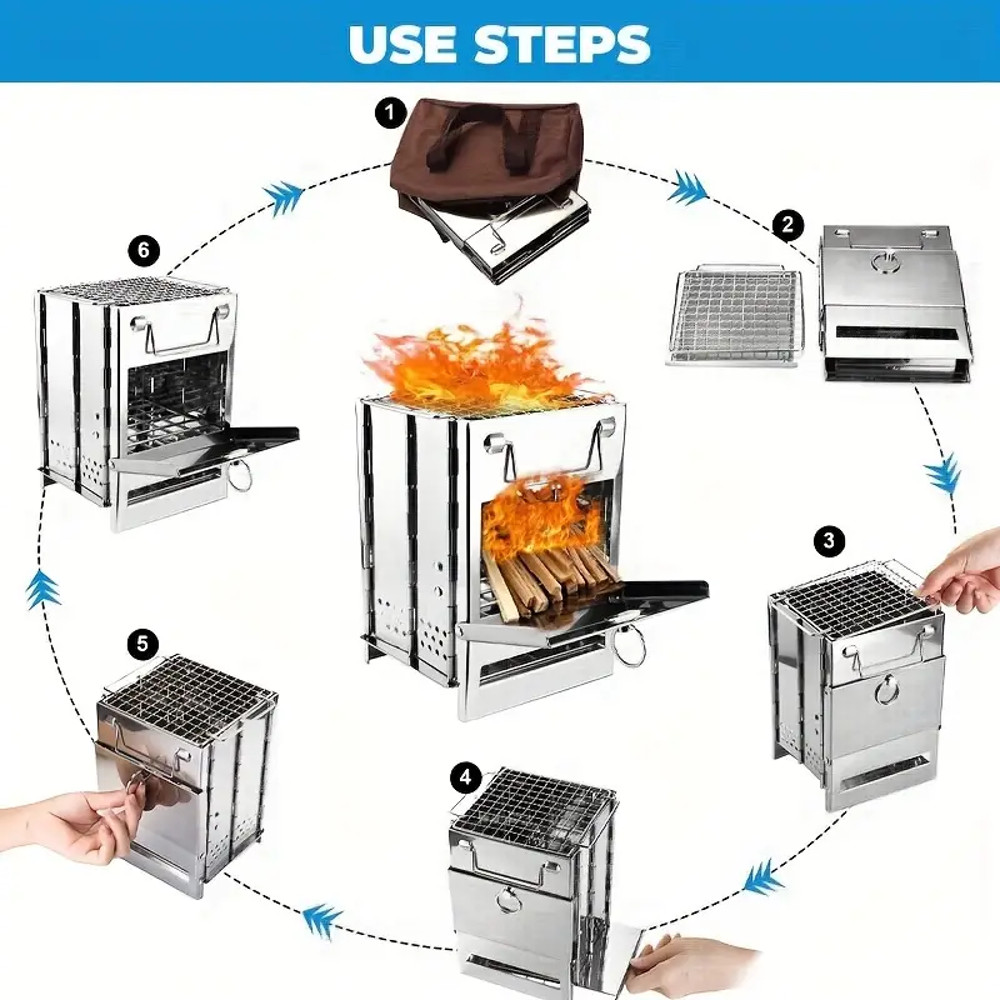 Compact Firewood Stove – Portable Mini Stainless Steel Design for Camping, Picnic & BBQ Use
