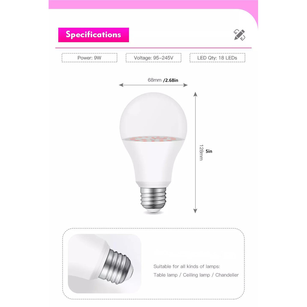 Full Spectrum Grow Light Bulb, LED Grow Lamp, Plant Light Bulbs Base