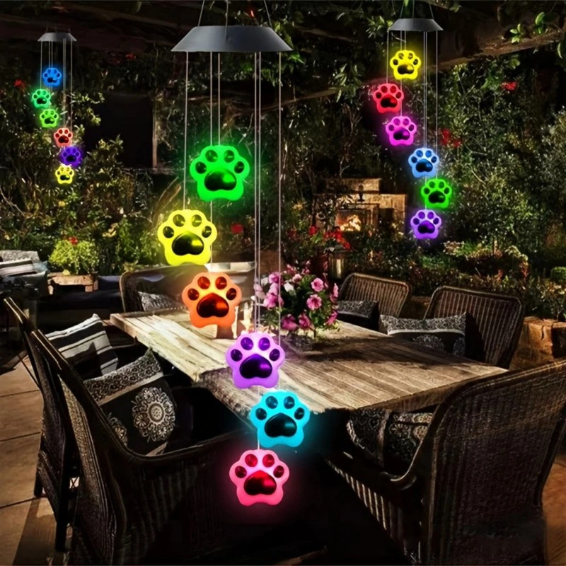 Outdoor Colorful Garden Lights 1 Set Of Vibrant Paw Print Solar Wind Chime Lights Easy Install Brig 1