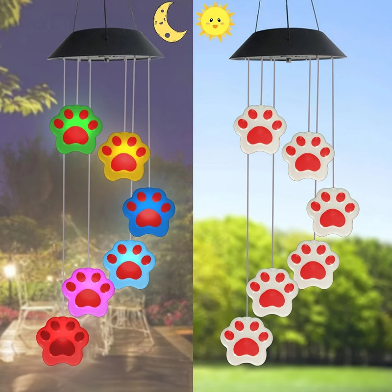 Outdoor Colorful Garden Lights 1 Set Of Vibrant Paw Print Solar Wind Chime Lights Easy Install Brig 2