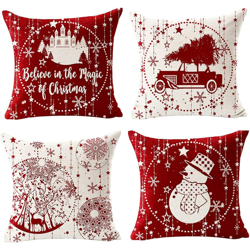 Car With Tree Deer Happy Winter Linen Pillowcase Cushion Sofa Living Room Merry Christmas Snowflake 0