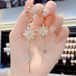 shiny zircon opal, wedding jewelry gift, luxury crystal flower tassel drop, girls party earrings, long dangle earrings