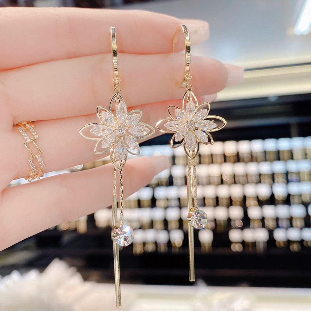 Shiny Zircon Opal Wedding Jewelry Gift Luxury Crystal Flower Tassel Drop Girls Party Earrings Long 1