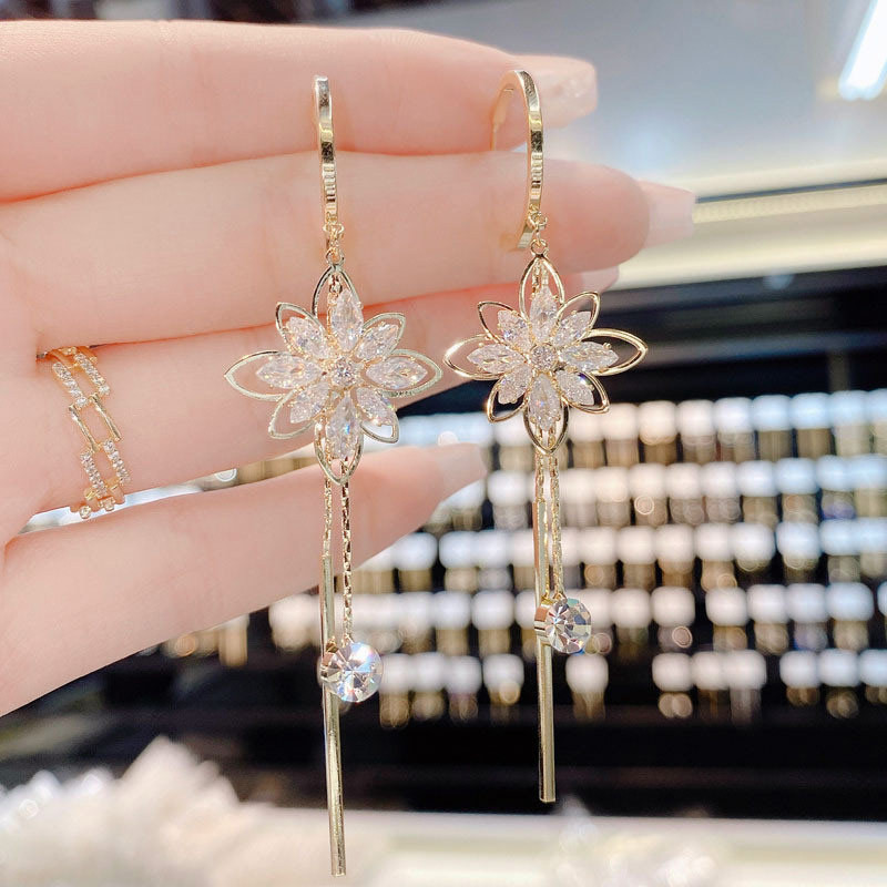 Shiny Zircon Opal Wedding Jewelry Gift Luxury Crystal Flower Tassel Drop Girls Party Earrings Long 1