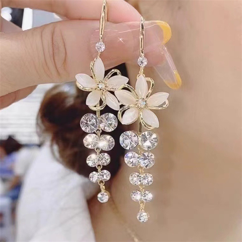 Shiny Zircon Opal Wedding Jewelry Gift Luxury Crystal Flower Tassel Drop Girls Party Earrings Long 2
