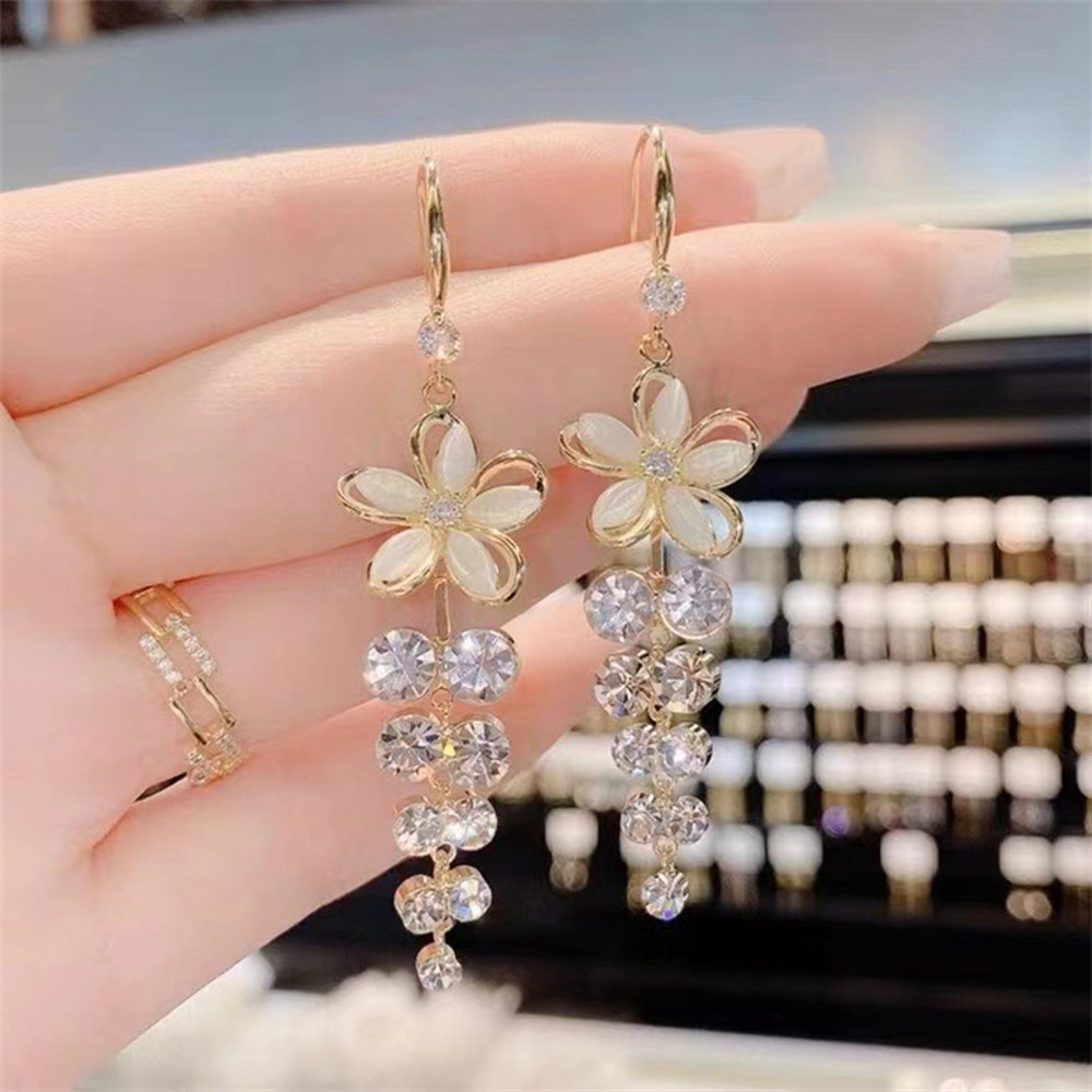 Shiny Zircon Opal Wedding Jewelry Gift Luxury Crystal Flower Tassel Drop Girls Party Earrings Long 3