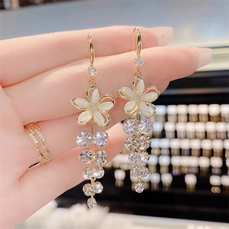 Shiny Zircon Opal Wedding Jewelry Gift Luxury Crystal Flower Tassel Drop Girls Party Earrings Long 3