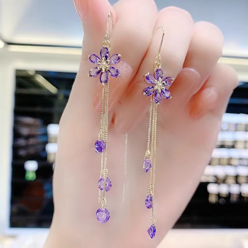Shiny Zircon Opal Wedding Jewelry Gift Luxury Crystal Flower Tassel Drop Girls Party Earrings Long 6
