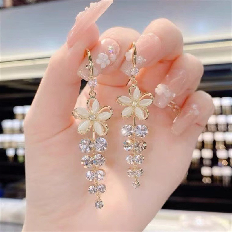 Shiny Zircon Opal Wedding Jewelry Gift Luxury Crystal Flower Tassel Drop Girls Party Earrings Long 4