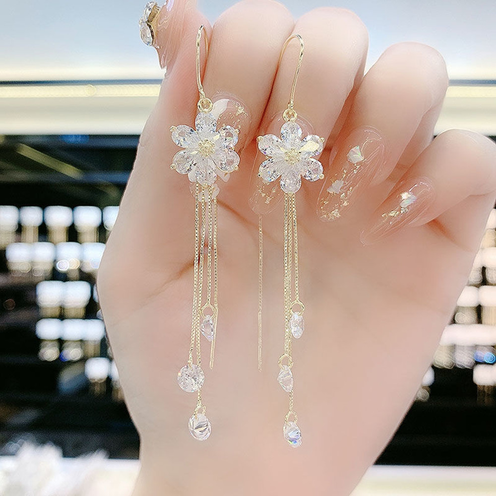 Shiny Zircon Opal Wedding Jewelry Gift Luxury Crystal Flower Tassel Drop Girls Party Earrings Long 9
