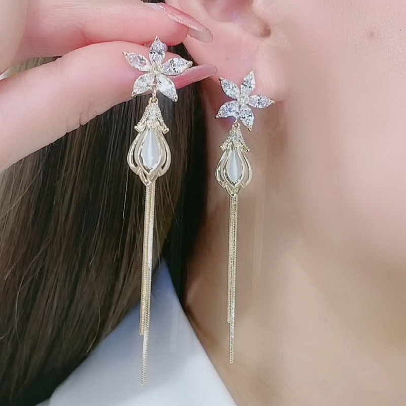 Shiny Zircon Opal Wedding Jewelry Gift Luxury Crystal Flower Tassel Drop Girls Party Earrings Long 10