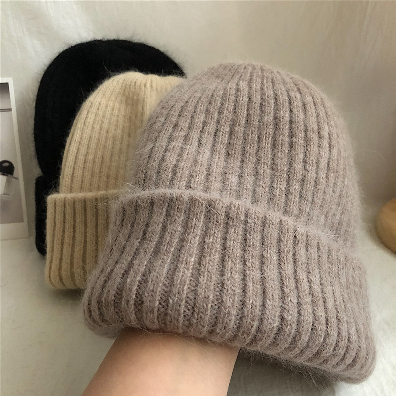 Warm Rabbit Fur Knit Hat DoubleLayer Womens Winter Hat Thick Wool Hat Casual Hat Toe Cap Cold Hat 4 9