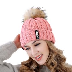 new women hat, high-quality winter wool beanie with add fur lined pompoms for streetwear