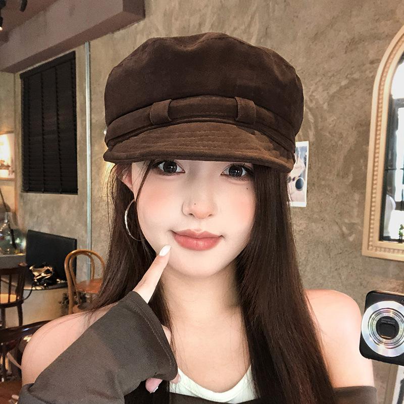 Vintage Style Suede Beret Hat Adjustable Top Newsboy Cap For Women Casual Foldable Warm Hat 2