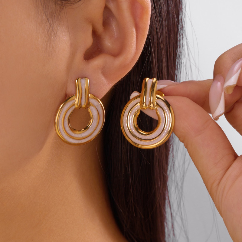 Trendy Round Stud Earrings for Women, Vintage Stainless Steel, Red White Enamel Metal Circle Earring, Punk Party Jewelry