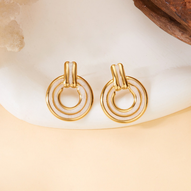 Trendy Round Stud Earrings for Women, Vintage Stainless Steel, Red White Enamel Metal Circle Earring, Punk Party Jewelry