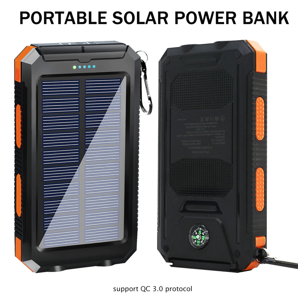 Waterproof Solar Power Bank Dual 5V USB Ports With LED Flashlight Compass For Outdoor Use 1