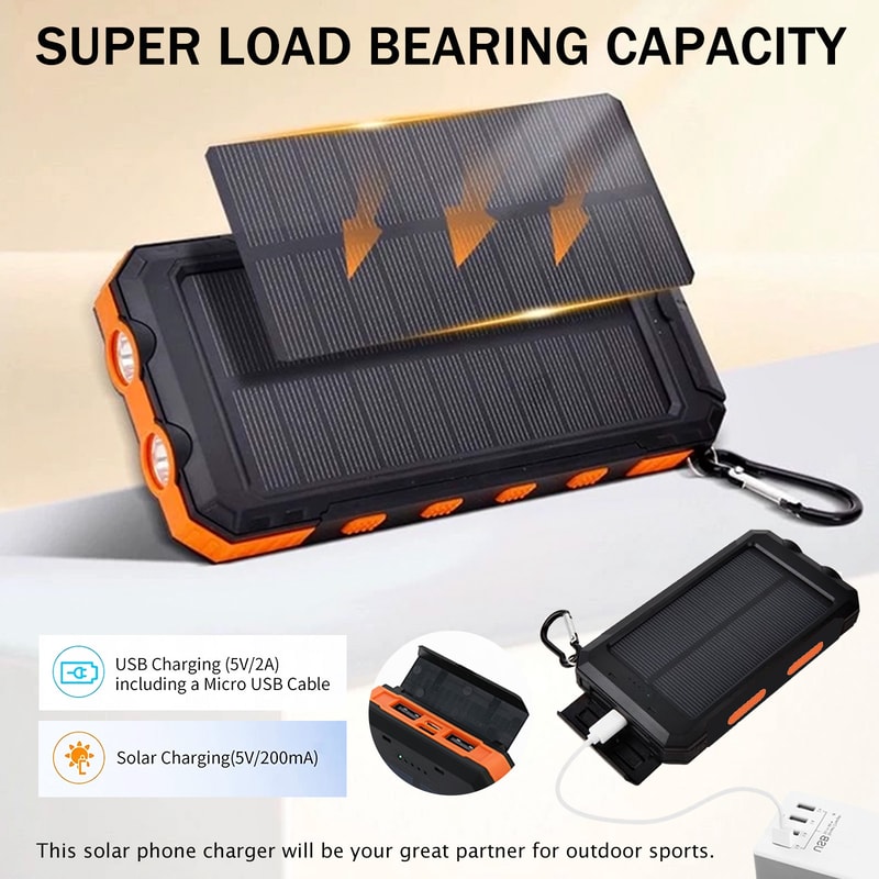 Waterproof Solar Power Bank Dual 5V USB Ports With LED Flashlight Compass For Outdoor Use 2