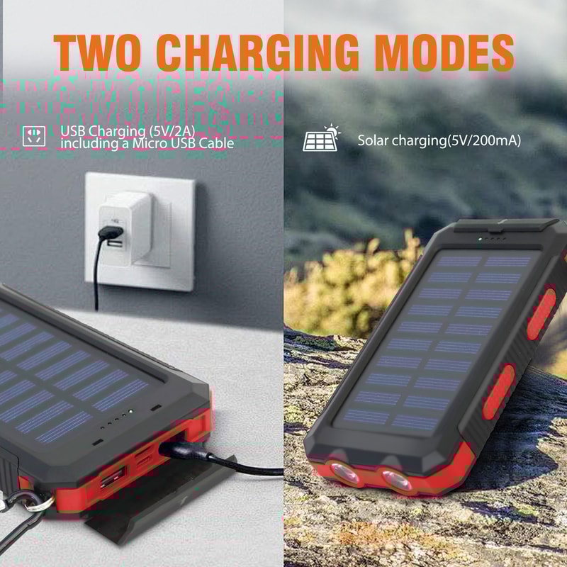 Waterproof Solar Power Bank Dual 5V USB Ports With LED Flashlight Compass For Outdoor Use 5