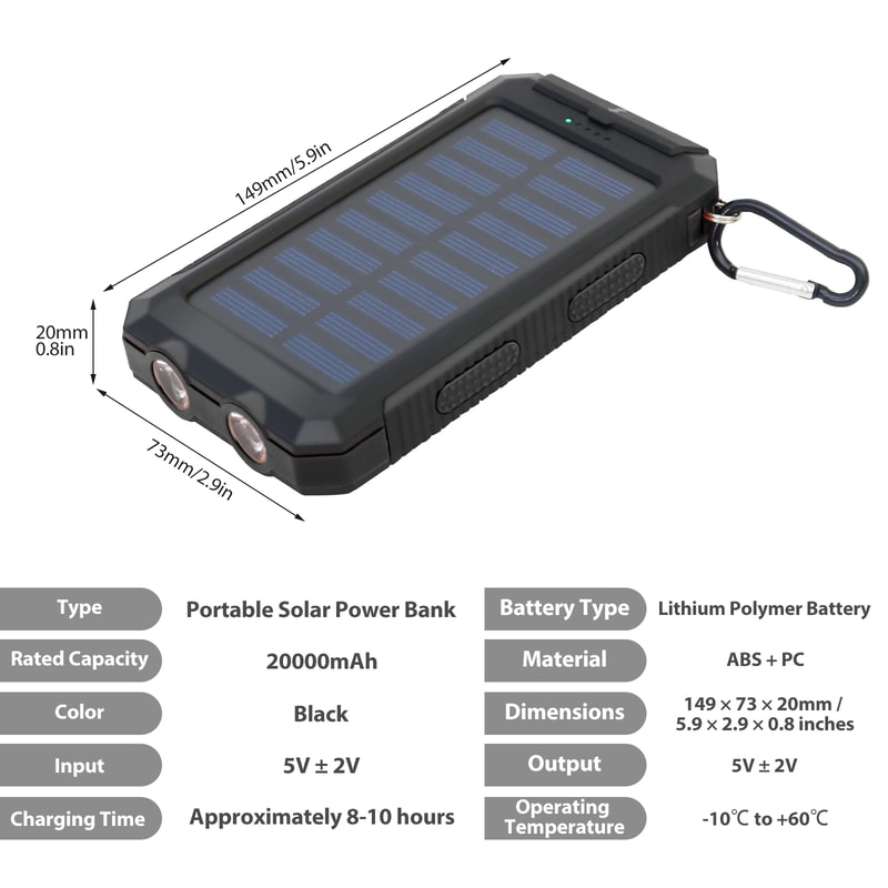 Waterproof Solar Power Bank Dual 5V USB Ports With LED Flashlight Compass For Outdoor Use 8