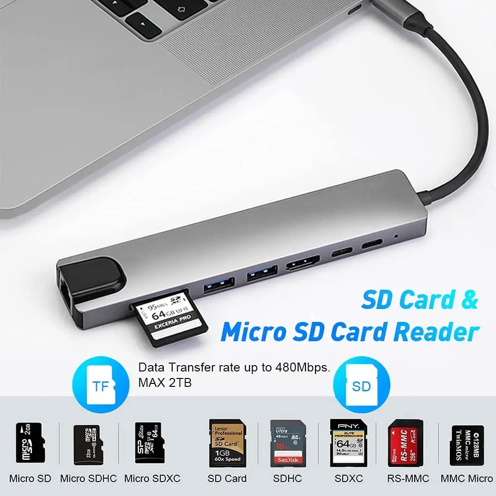 Laptop Adapter with USB Hub, HDMI, TF/SD Card, PD Charge Dock Station & Type-C Splitter