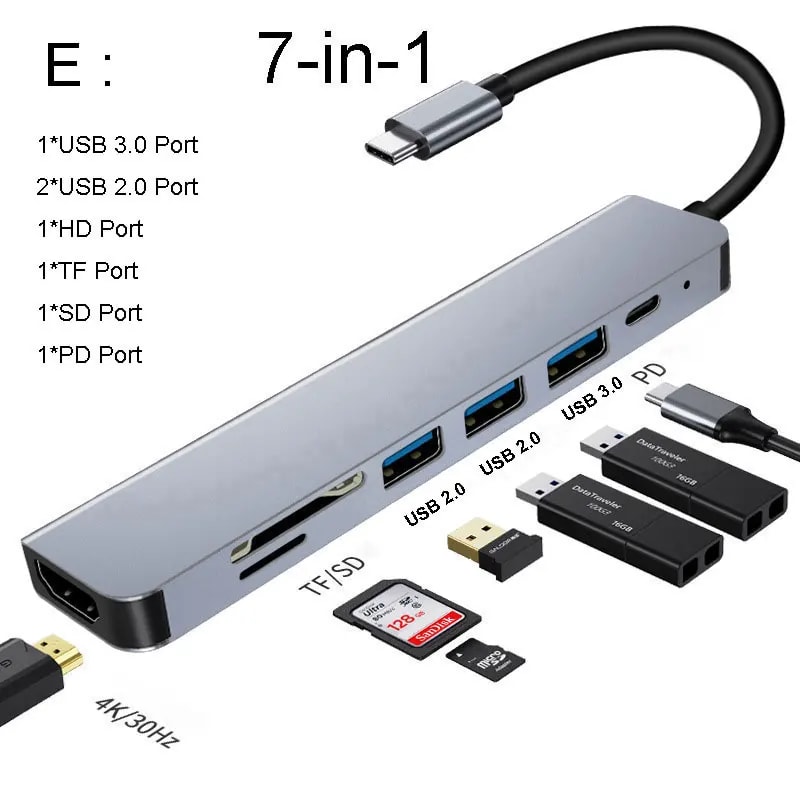Laptop Adapter with USB Hub, HDMI, TF/SD Card, PD Charge Dock Station & Type-C Splitter