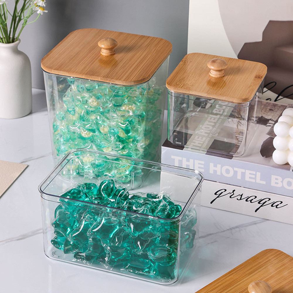 Cotton Swab Holder, Bamboo Lid Laundry Powder Storage Box, Desktop Decorative Box for Living Room, Table Organization