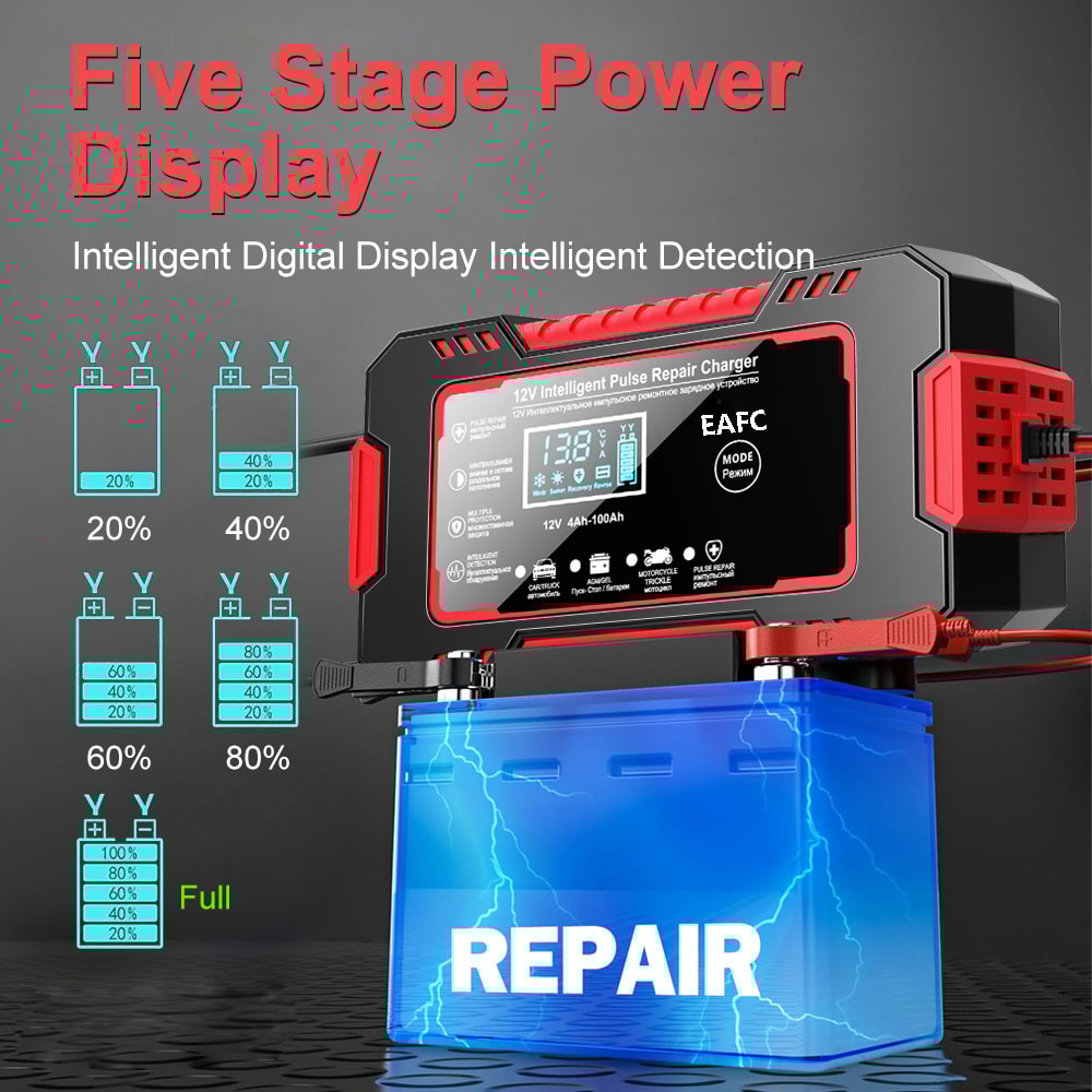 Pulse Repair LCD Display, Smart Fast Charge Car Battery Charger, AGM GEL Lead-Acid Charger for Auto and Motorcycle