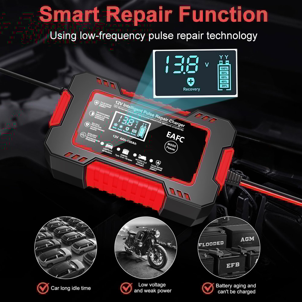 Pulse Repair LCD Display, Smart Fast Charge Car Battery Charger, AGM GEL Lead-Acid Charger for Auto and Motorcycle