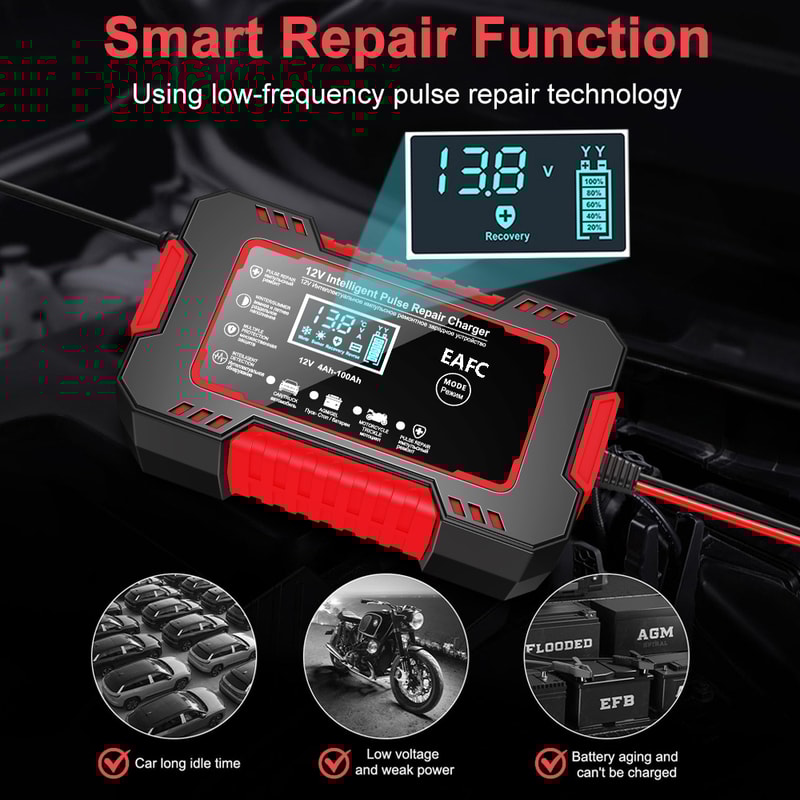 Pulse Repair LCD Display, Smart Fast Charge Car Battery Charger, AGM GEL Lead-Acid Charger for Auto and Motorcycle