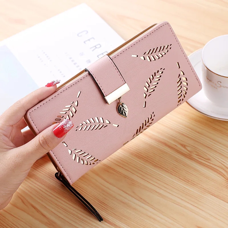 PU Leather Phone Purse Ladies Fashion Wallet Female Hollow Leaves Clutch Handbag Coin Card Holders 10