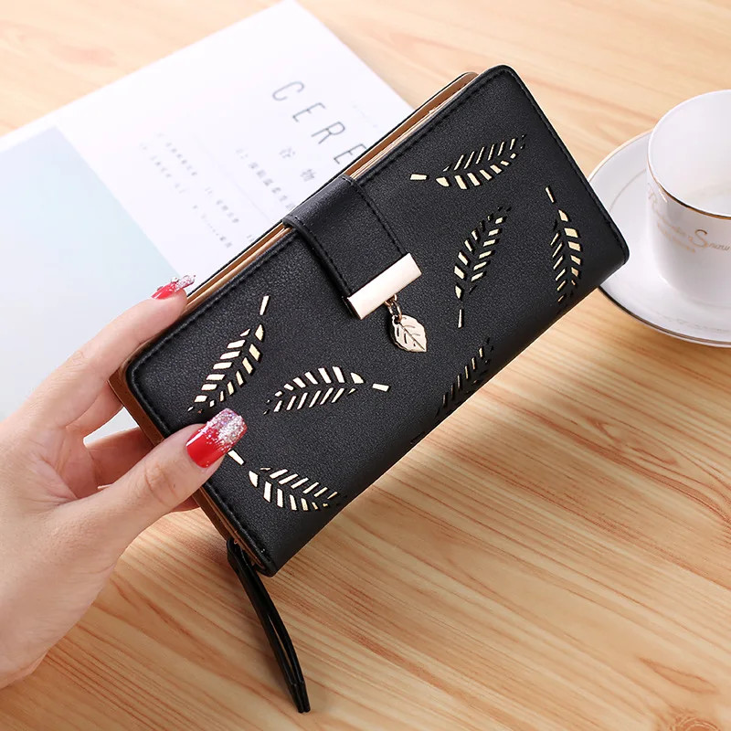 PU Leather Phone Purse Ladies Fashion Wallet Female Hollow Leaves Clutch Handbag Coin Card Holders 6