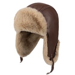 faux fur leather snow cap winter thick warm russian ushanka hat for men women's with ear flaps