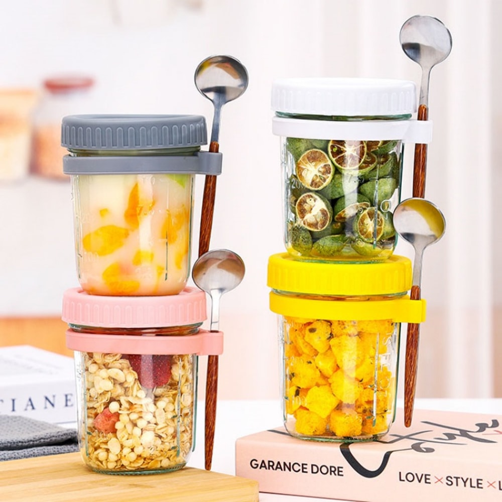 Transparent Glass HighValue Oat Cup With Lid And Spoon MultiColor Breakfast Cup Sealing With Scale 5