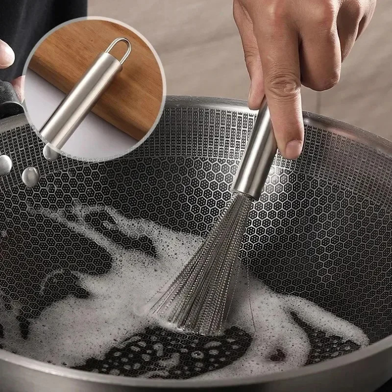 Stainless Steel Kitchen Special Brush, Long Handle Scrubber for Cleaning Pots and Utensils