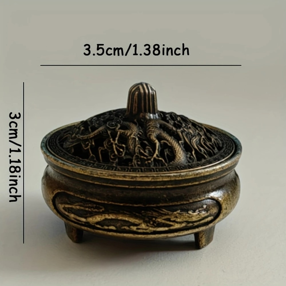 Mini Hollow Brass Pocket Incense Burner, Antique Ornament for Tea Tables, Dragon and Phoenix Decoration