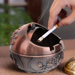 retro smoking ashtray, metal cigarette holder with windproof lid, vintage decorative gadget