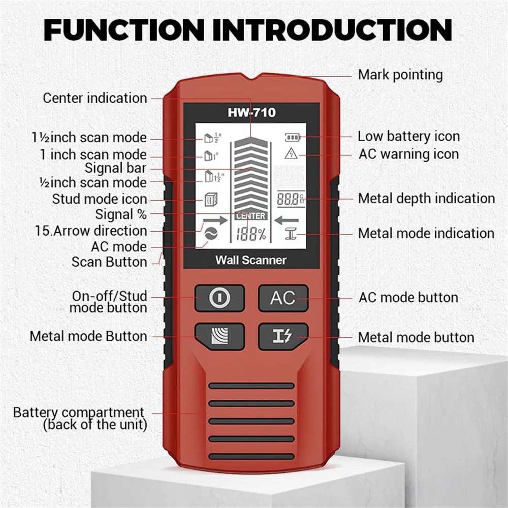 HW710 Multifunctional Metal Wood Detection Function Wall Detector For AC Metal Wood Detect Ceilings 8