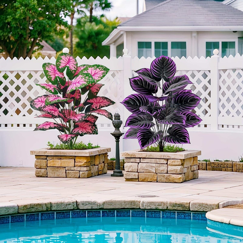 Faux Bonsai Artificial Caladium Plants Purple Pink Leaf Floor Decor For Home And Office 3