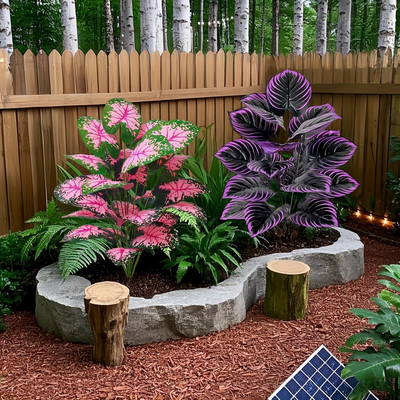 Faux Bonsai Artificial Caladium Plants Purple Pink Leaf Floor Decor For Home And Office 7