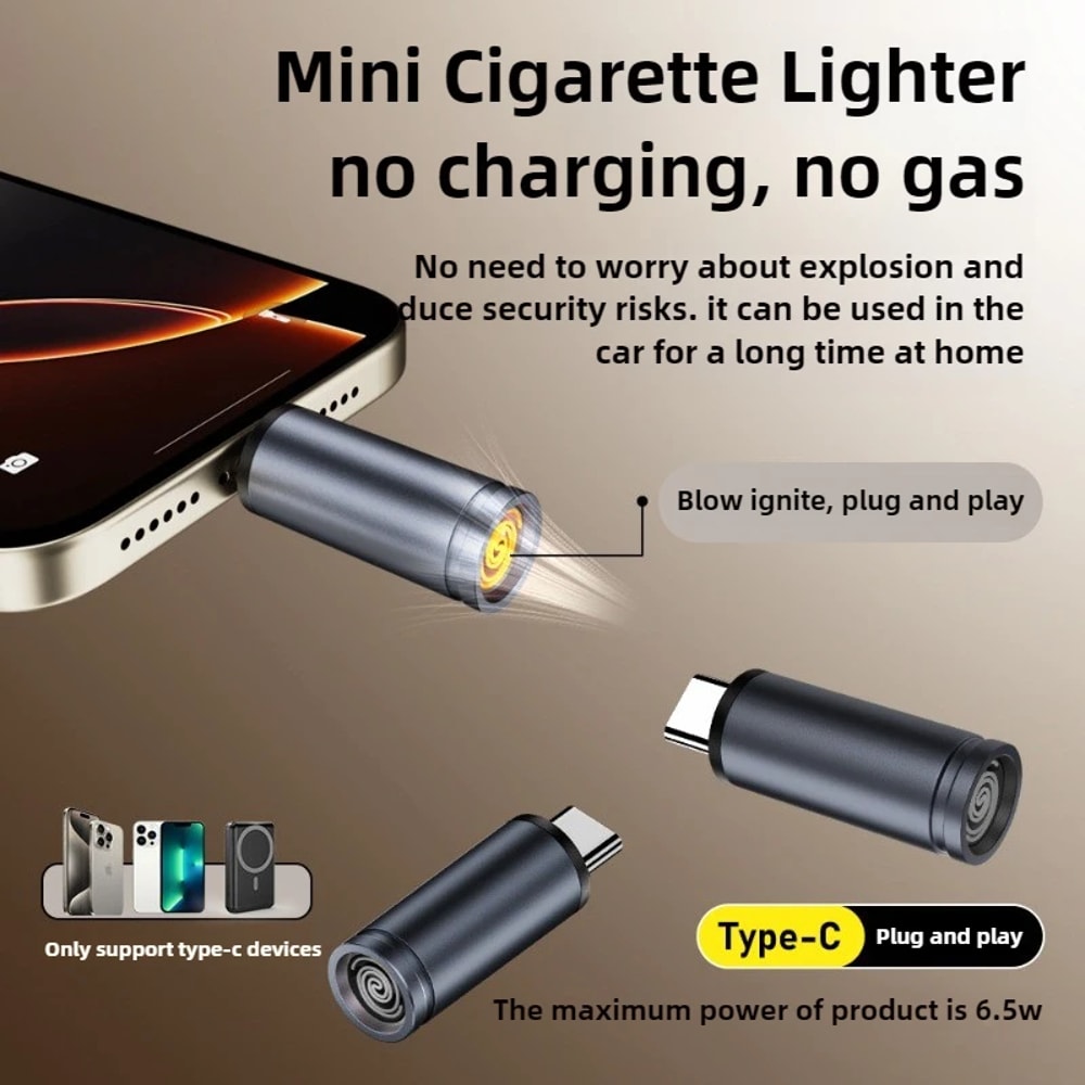USB C Cigarette Lighter Adapter, Type C Mini Lighter, Blow-to-Ignite, Auto Shut-Off, No Battery