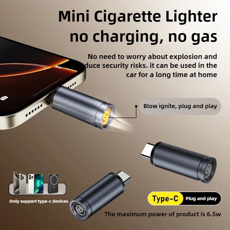 USB C Cigarette Lighter Adapter, Type C Mini Lighter, Blow-to-Ignite, Auto Shut-Off, No Battery