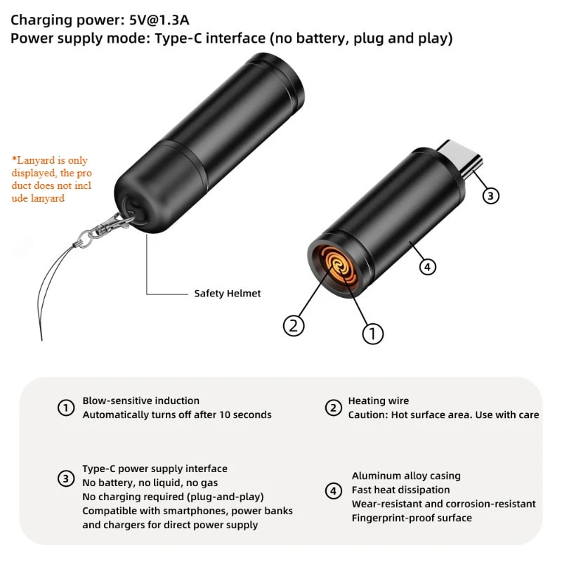 USB C Cigarette Lighter Adapter, Type C Mini Lighter, Blow-to-Ignite, Auto Shut-Off, No Battery