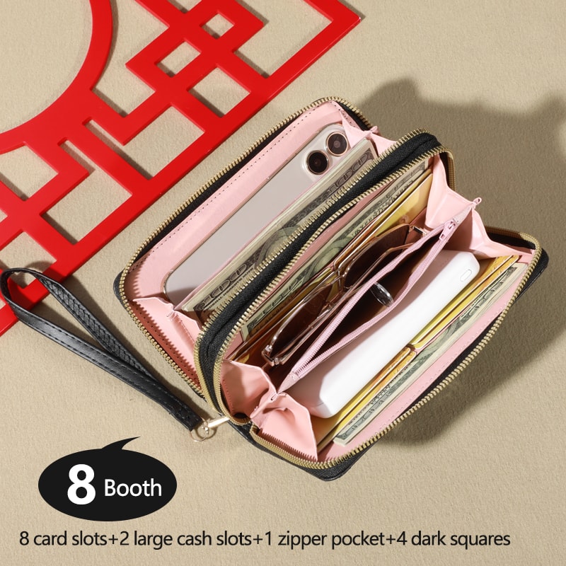 Womens Faux Leather Card Holder Trendy Solid Color Long Wallet Double Zippers Clutch Coin Purse Wit 7