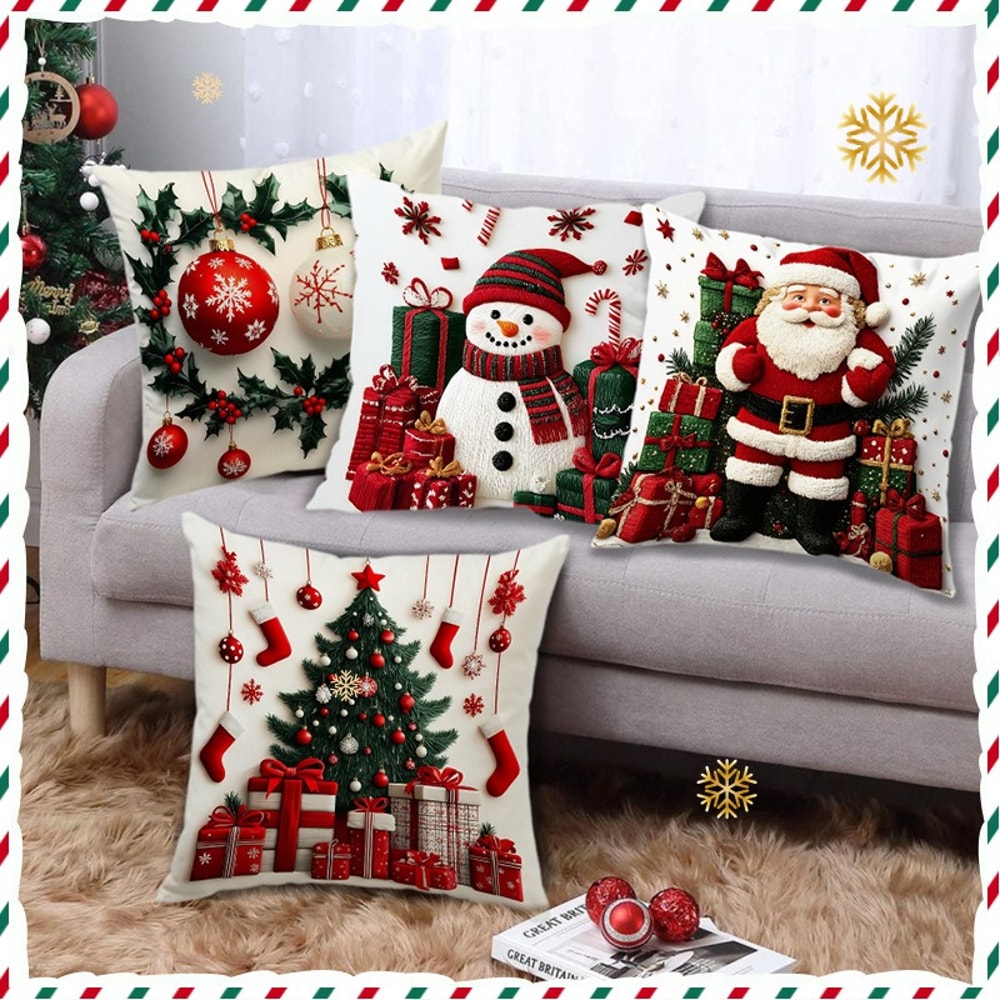 Snowman Print Linen Plush Throw Pillowcase Christmas Happy New Year Decor