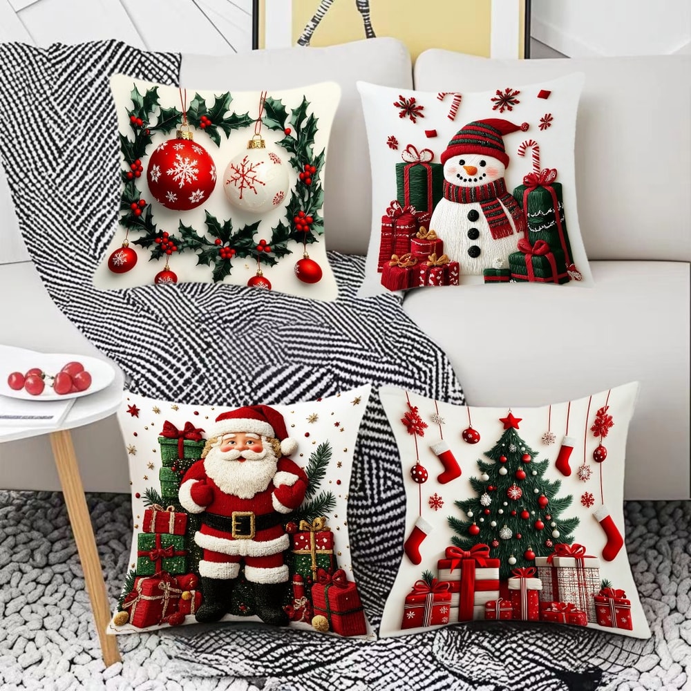 Snowman Print Linen Plush Throw Pillowcase Christmas Happy New Year Decor