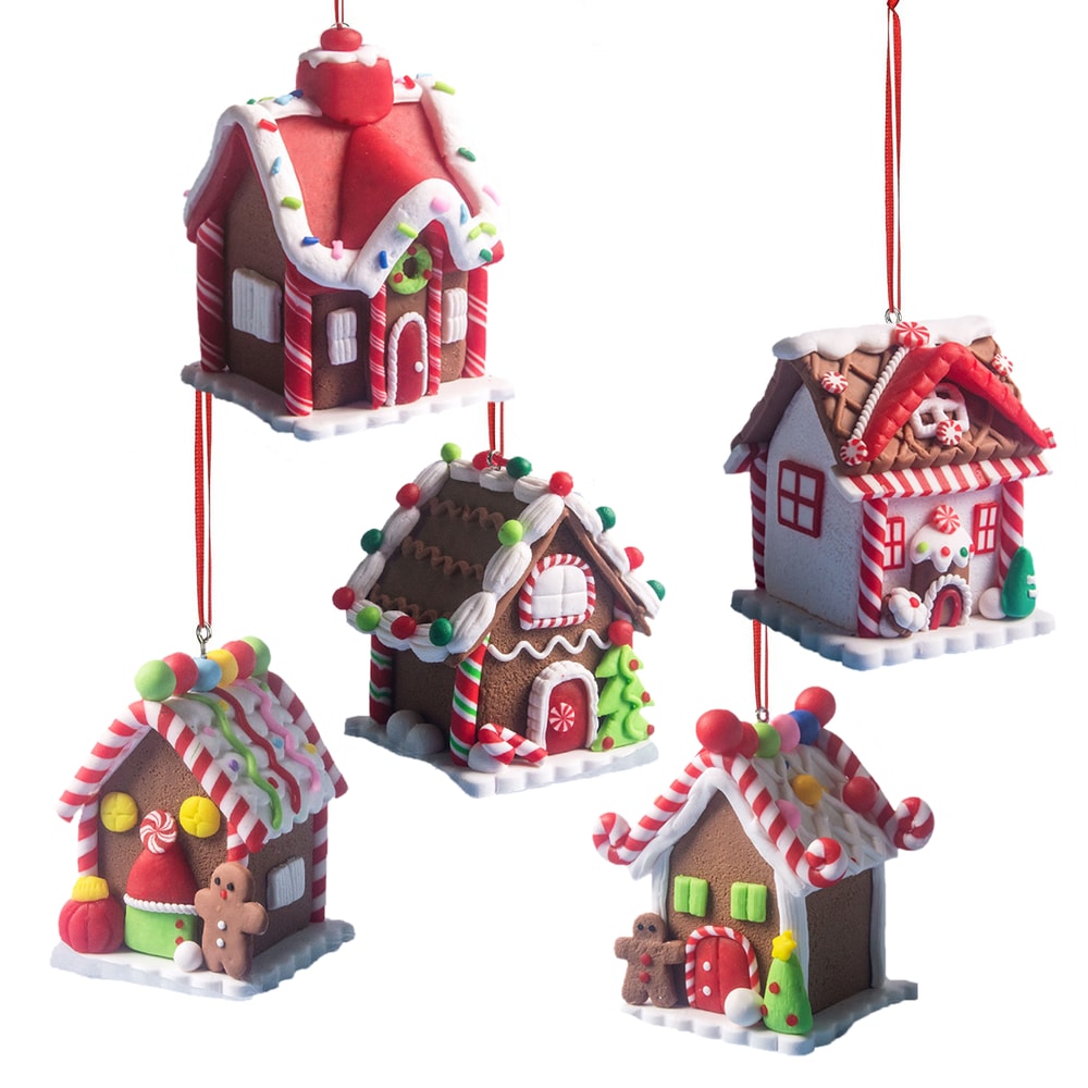 Holiday Gingerbread Christmas Tree Ornaments Set 5pcs House Decor With Rope 0