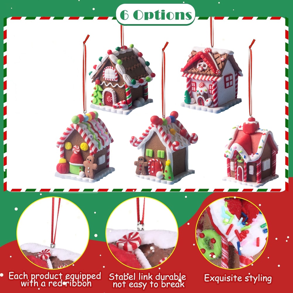 Holiday Gingerbread Christmas Tree Ornaments Set 5pcs House Decor With Rope 7