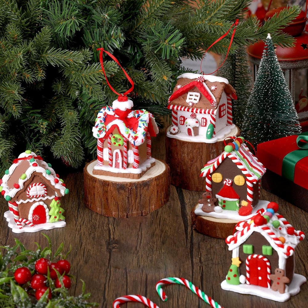 Holiday Gingerbread Christmas Tree Ornaments Set 5pcs House Decor With Rope 8